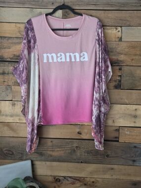 Upcycled Ombre Pink "Mama" Short Sleeve Top with Bohimian Style  Sleeves